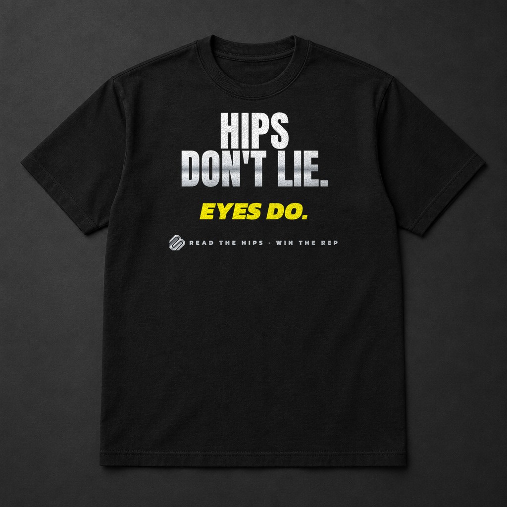Black tee: Hips Don't Lie. Eyes Do.