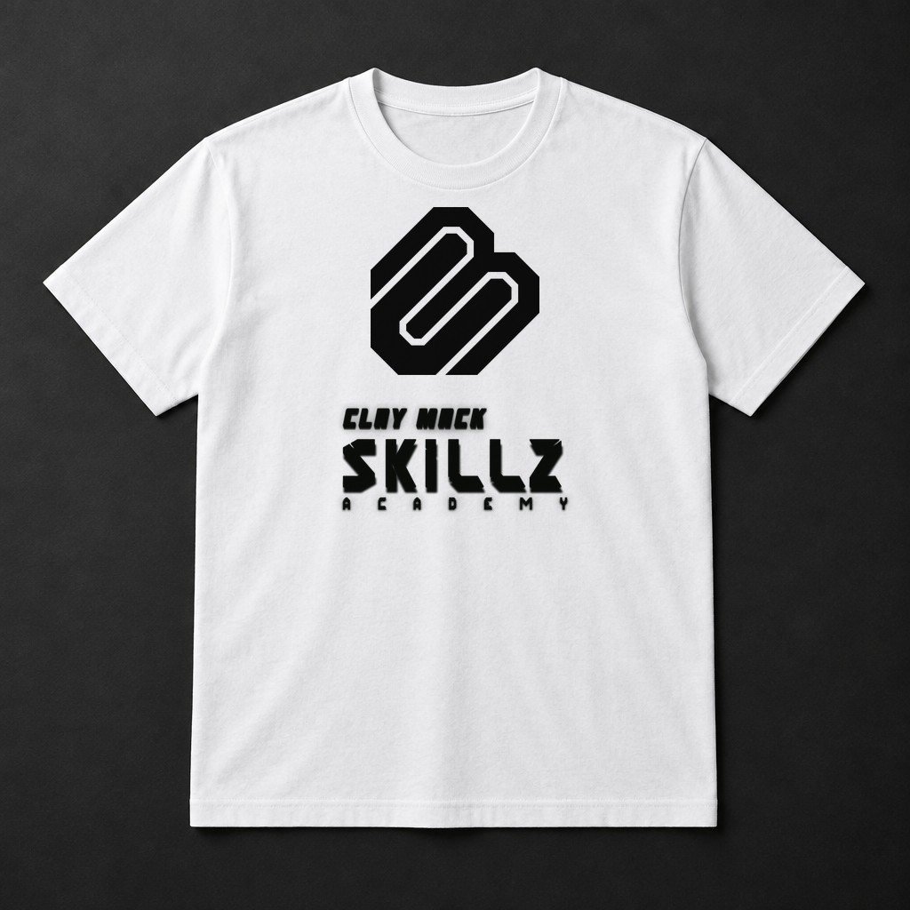 White Skillz tee with black CM monogram